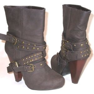 Bamboo Fur Lined Heels Boots Straps Studs Brown 10